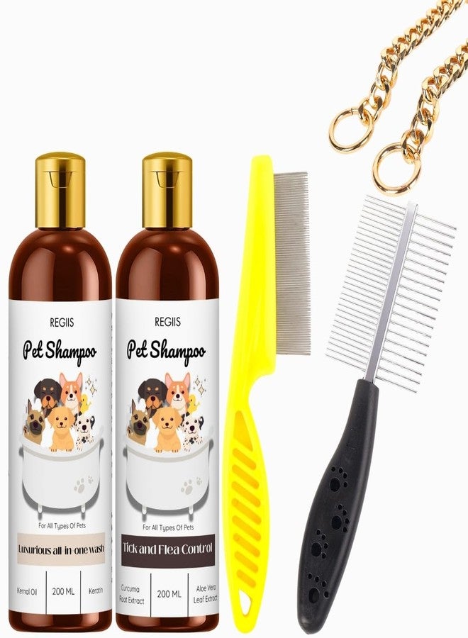 REGIIS All in 1 Shampoo + Tick & Flea Shampoo + Collar Chain (Golden) + Stainless Steel Comb - Complete Pet Grooming Care Kit - Image 1